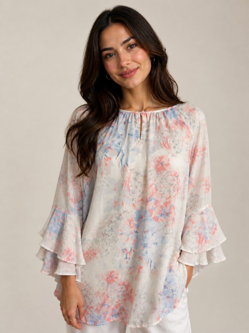 Chaps Floral Ruffle Sleeve Blouse XXL White Pink Blue NWOT